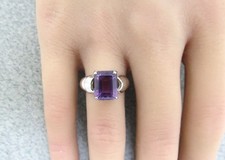 Sterling Silver Ring Emerald Cut Purple Stone 10mm Ribbed Sides Size 6 Marked