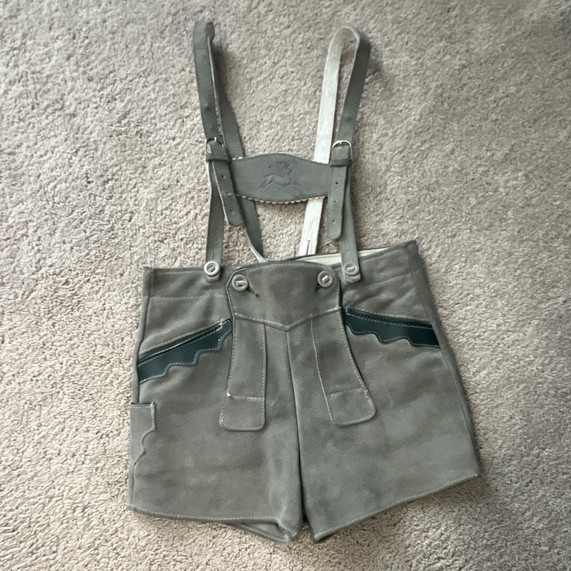 Kid’s Gray Leather Lederhosen Shorts with Suspenders, 24” waist