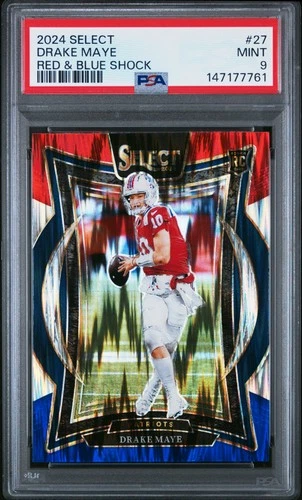 7761 Drake Maye 2024 Panini Select #27 Red and Blue Prizm Shock RC PSA 9