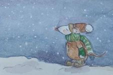 ACEO Original Art by Illustrator Jennifer O'Donnell Danza- "Catching Snowflakes"