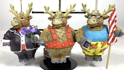 Christmas RARE Set of 3 Plump MOOSE Ornaments, Super Cool! Approx. 5''Tx4''W -READ