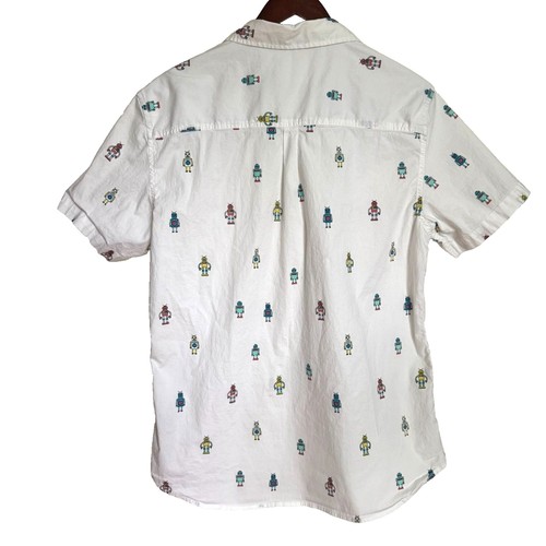 Camisa Reverse Threads blanca con botones estampado de robot para hombre L lindo nerd geek chic - Imagen 2 de 8