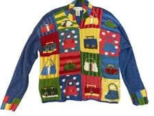 VTG Susan Bristol XL Hand Knit Cardigan Sweater With Colorful Purse Pattern