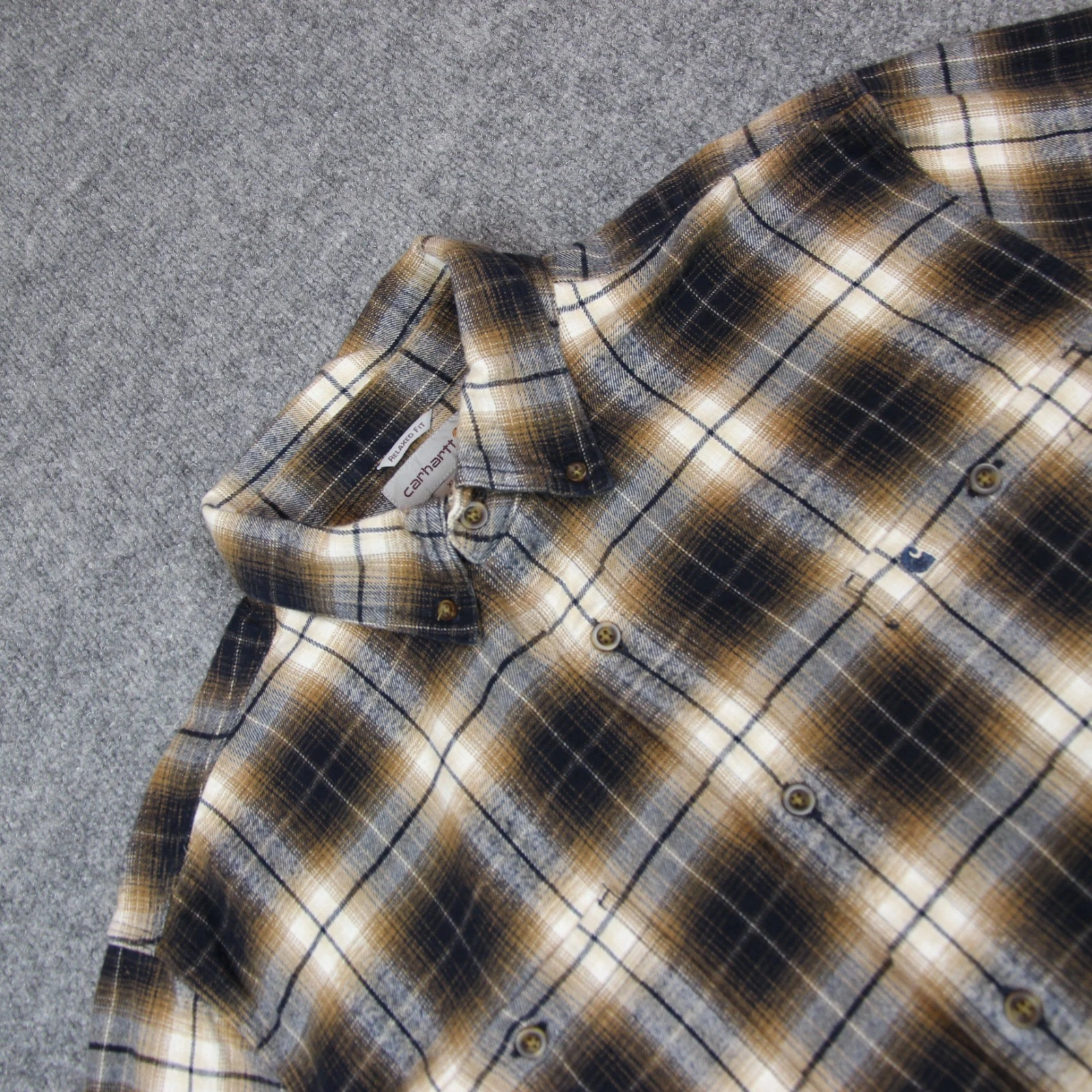 Carhartt Flannel Shirt Men's XL Brown Blue Plaid Button Down Relaxed Cotton