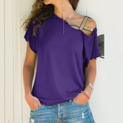  Damen Sexy schulterfrei T-shirt Kurzarm Party Sommer Bluse Lila Gr.L - Bild 1 von 2