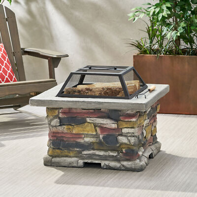 28'' Concrete Wood Burning Outdoor Fire Pit Table with Lid - Stone Gray