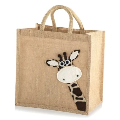 COOCOO Medium Natural Jute Hessian Shopping Bag Shopper - Peekaboo Giraffe Design