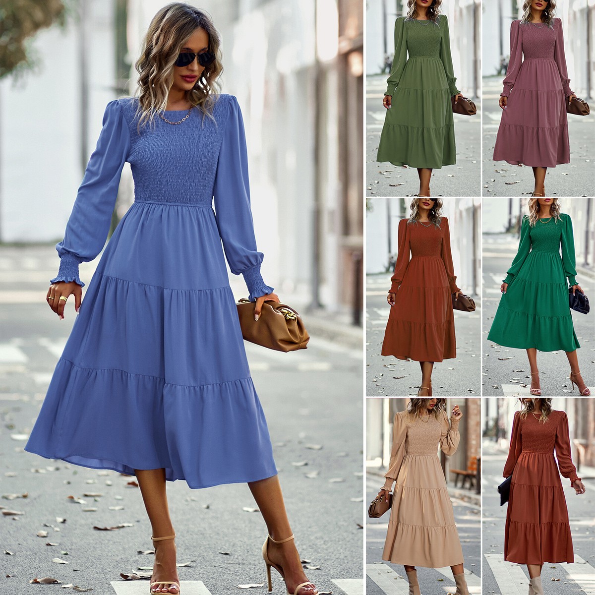 Casual Long Sleeves High Waist Solid Color Women's Long Dress for Holiday Party | eBay Casual Long Sleeves High Waist Solid Color Women's Long Dress for Holiday Party | eBay