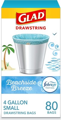 Glad OdorShield Small Drawstring Trash Bags, Febreze Beachside Breeze, 4 Gal, 80