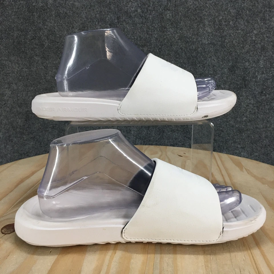 Sandalias Under Armour para mujer 8 Ansa correderas fijas planas blancas punta abierta 3023772-101 Foto 2 de 4