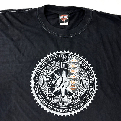 Harley Davidson T Shirt 2008 105th Anniversary Biker Wings Black Size 2XL New