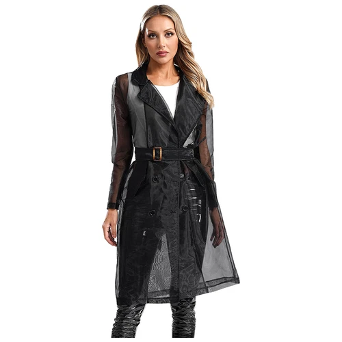 Womens Coat See Through Trench Notch Lapel Jackets Ladies Outerwear Cropped- - Picture 45 of 60