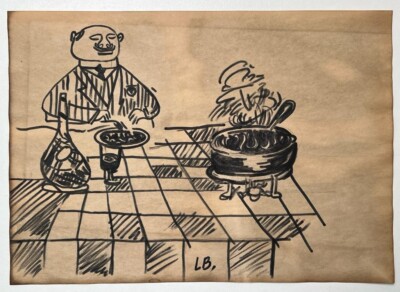 Ludwig Bemelmans (Handmade) Drawing On old Paper Signed & Stamped, Vtg Art