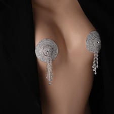 Women Bra nipple Cover Rhinestone Round Tassel Chest Body chain Bralet 35901