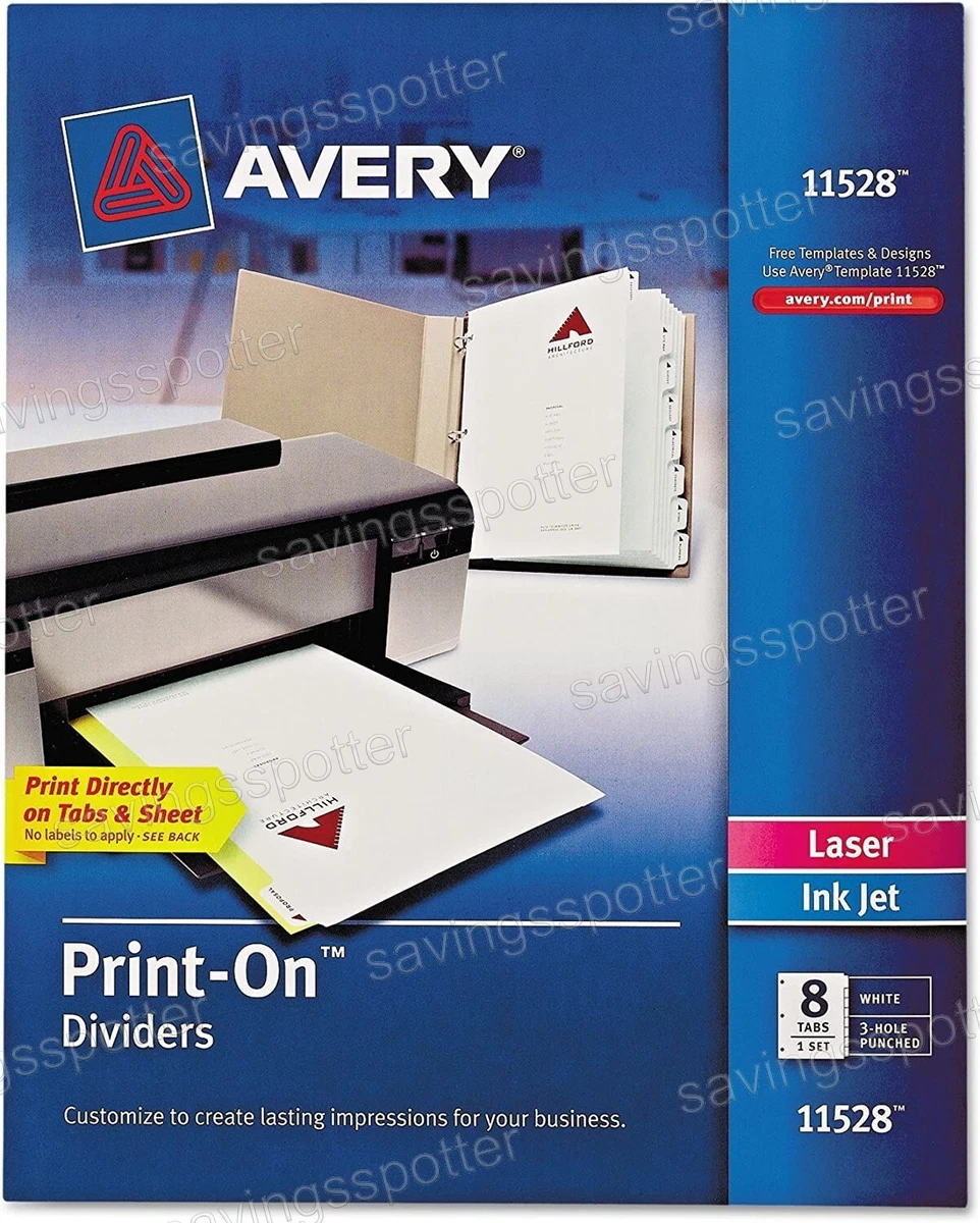 Avery 11528 Print-On Dividers 8 Tabs 1 Set White 3 Hole Punched Laser  Inkjet | eBay