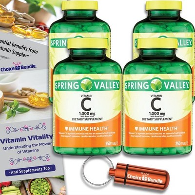 Spring Valley Vit C w/ Rose Hips 1000mg 4Pk (1000ct) Tabs + Bonus Guide & Case