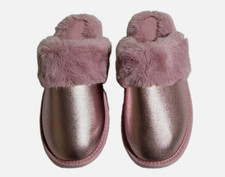 Cat Jack Girls SZ M2/3 Pink Metallic Scuff Slippers Plush Faux Fur Lining534-10