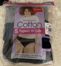 Hanes NIP/Open Pkg Tagless Hi-Cut Wom 8/XL Cot Panties Lot 3 Blk, Blue, Gray