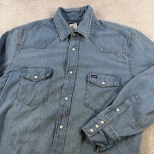 VTG Wrangler Shirt Mens Large Blue Denim Pearl Snap Western Cowboy Long Sleeve