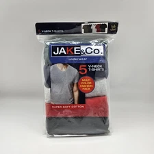 5Pk JAKE & CO Soft Cotton V Neck T-Shirts Men Size M L Black Navy Gray Red Green