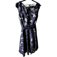 Leslie Fay Women's Navy Floral Lace Overlay Cap Sleeve Midi Dress Size 14