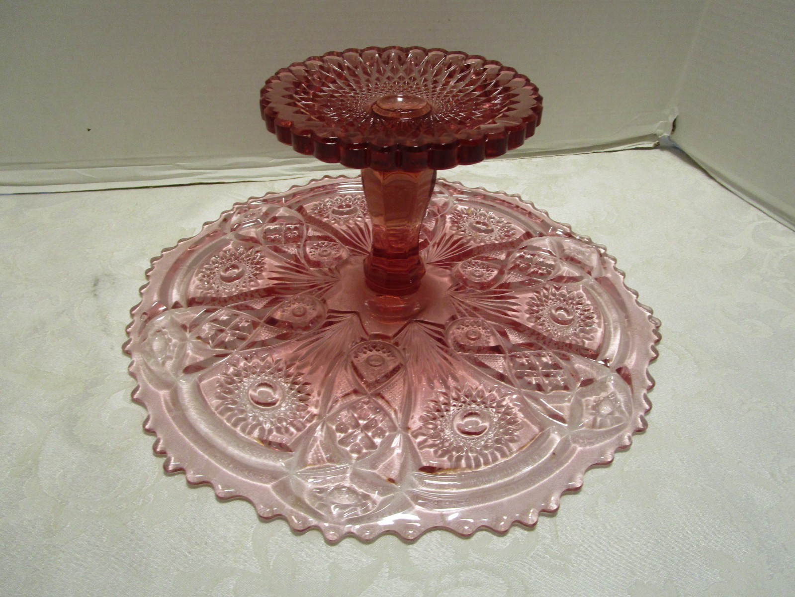 Vintage Imperial Pink Glass Pedestal Cake Stand Fashion Pattern 13" wide  1970's