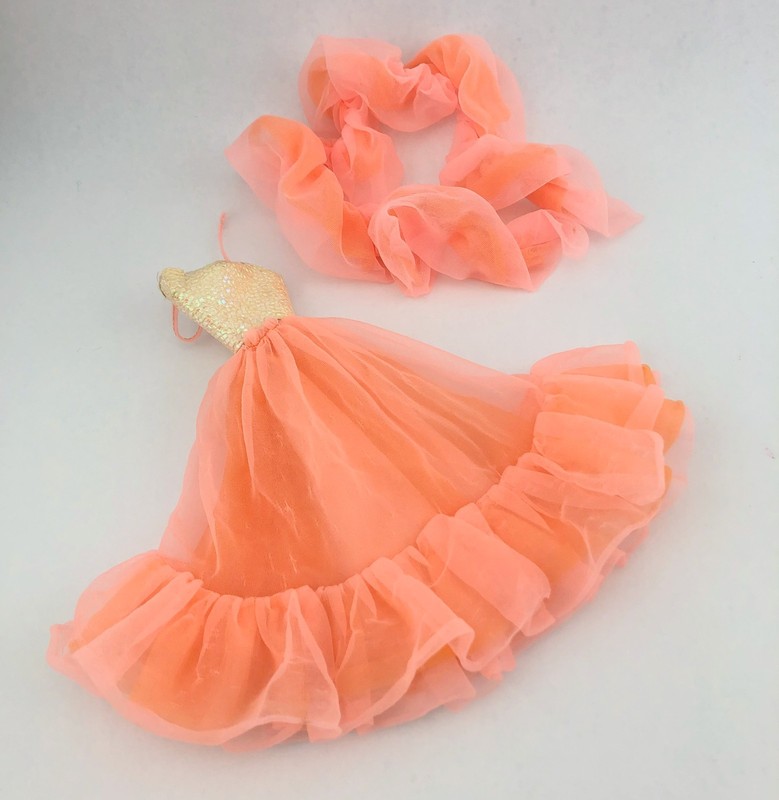 VINTAGE 1984 Peaches N Cream Barbie Dress W/ Ruffle Boa, FAIR CONDITION, NO DOLL