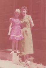 Woman Girl Log Cabin Pink Green Dresses Smiling Outside 1956