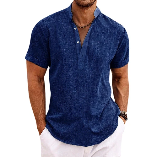 Mens Linen Shirts Summer Short Sleeve Tops V Neck Loose Casual Button Blouse ## - Picture 10 of 55
