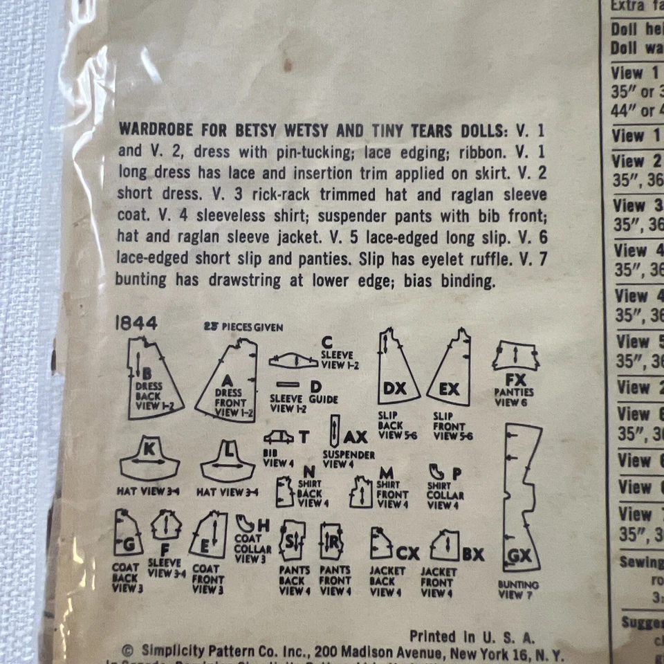 Simplicity Patterns 1844 Doll Wardrobe 13.5” Vintage - Image 4 of 4