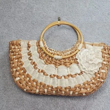 Straw Hobo Bag Women's Brown White Cotton Trim Handwoven Double Handles Handbag