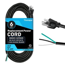 15 Amp Cord 6 Foot with Open End - 12 AWG Extension Cable 3 Prong to 3 Wire 1...