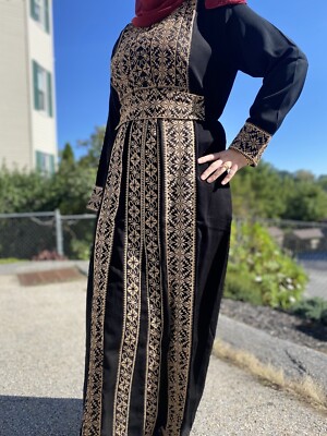 Embroidered Thobe Abaya Traditional Palestinian ARABIAN caftan Dress Gold  XL