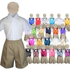 5pc Baby Boys Toddler Formal Vest Khaki Shorts  Hat Suit Satin Vest Bow Tie Set