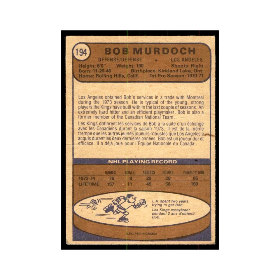 1974 O-Pee-Chee Bob Murdoch RC (Damaged) Los Angeles Kings #194 - Image 2 of 3