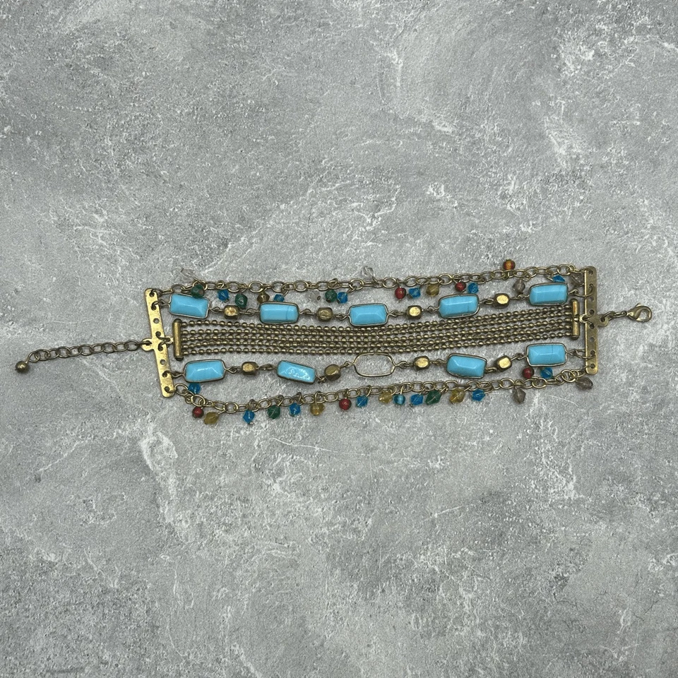 Brazalete de cadena vintage de latón tono dorado con cuentas azules Foto 2 de 4