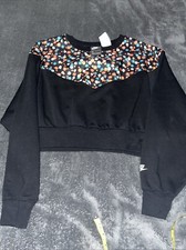 Nike Sweatshirt Crop Black With Colorful Flowers Women s Size Medium EUC