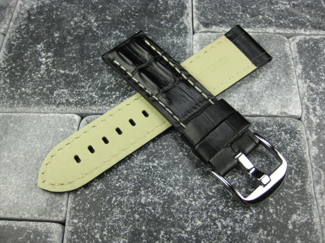 Bracelet De Montre En Cuir De Croco Noir (Hornback) 24mm - Boucle Tan - Marque VINTAGE G - Neuf Sans Étiquette