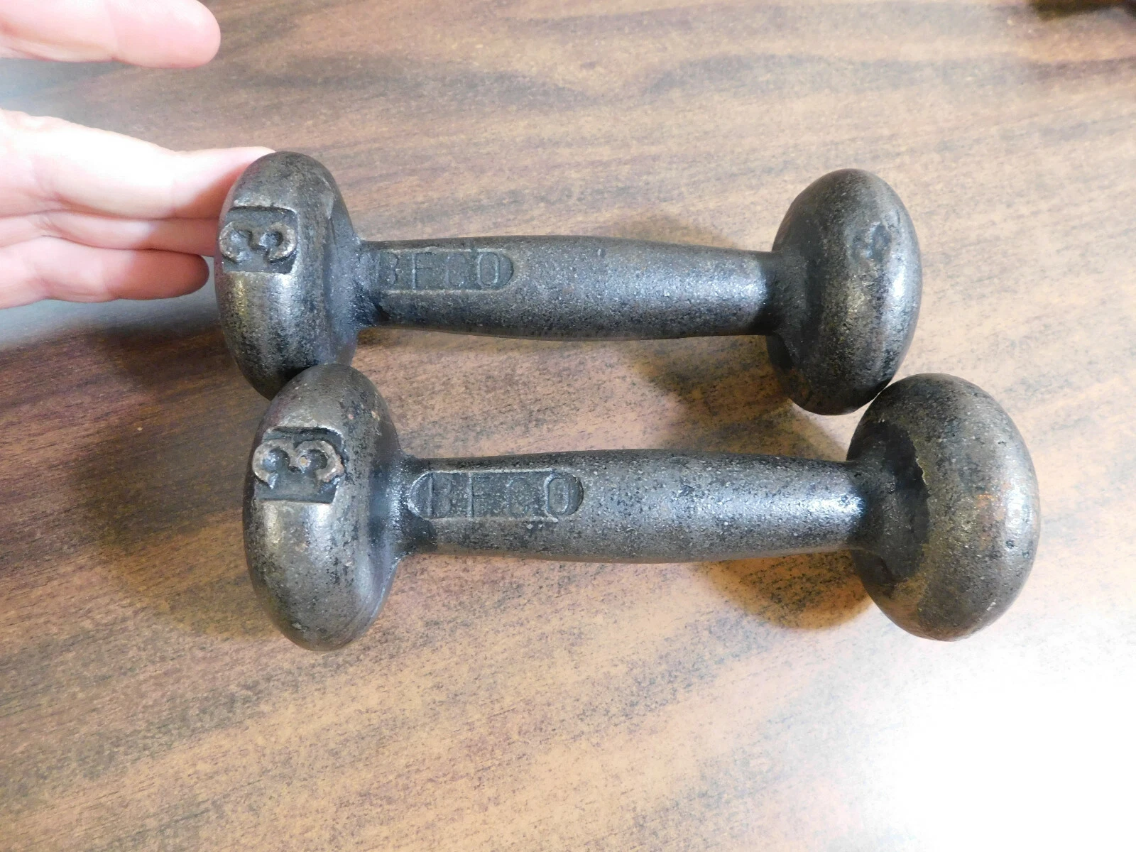 LOT 2 - 3lb BFCO Dumbbells - Made in China - 3 Pound Vintage Iron Dumbbell Set