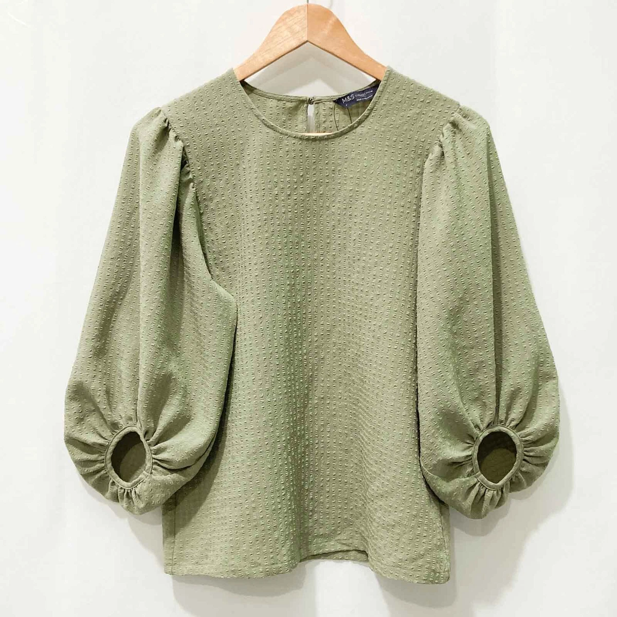 M S Collection Khaki Green 3 4 Puff Sleeve Top UK 8 eBay