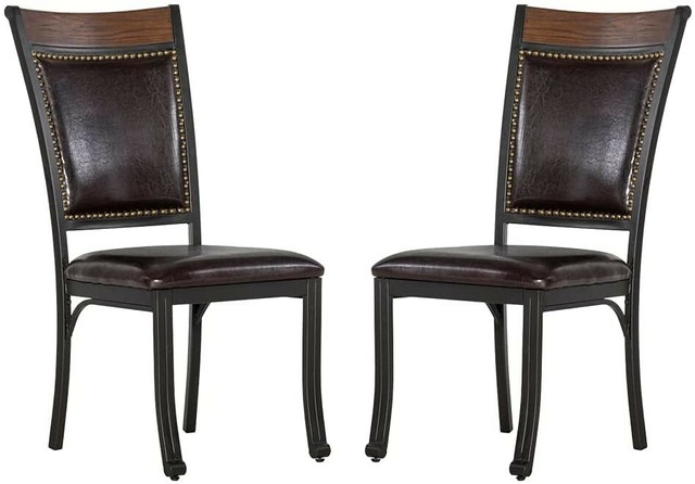 Franklin Metal and Faux Leather Dining Chairs w/ Wood Accented Set of 2 Brown Franklin Metal and Faux Leather Dining Chairs w/ Wood Accented Set of 2 Brown