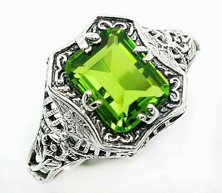 1CT Peridot 925 Solid Sterling Silver Filigree Ring Jewelry Sz 6 