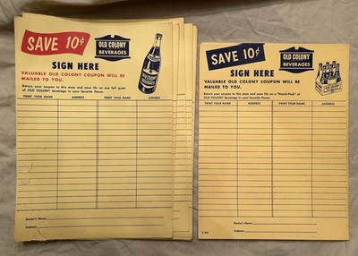 Vintage Lot Old Colony Beverages Soda Pop Sign Up Sheets Coupons Signs Poster