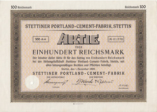 Stettiner Portland Cement Fabrik Aktie über 100 RM Stettin den 1. Dez. 1928