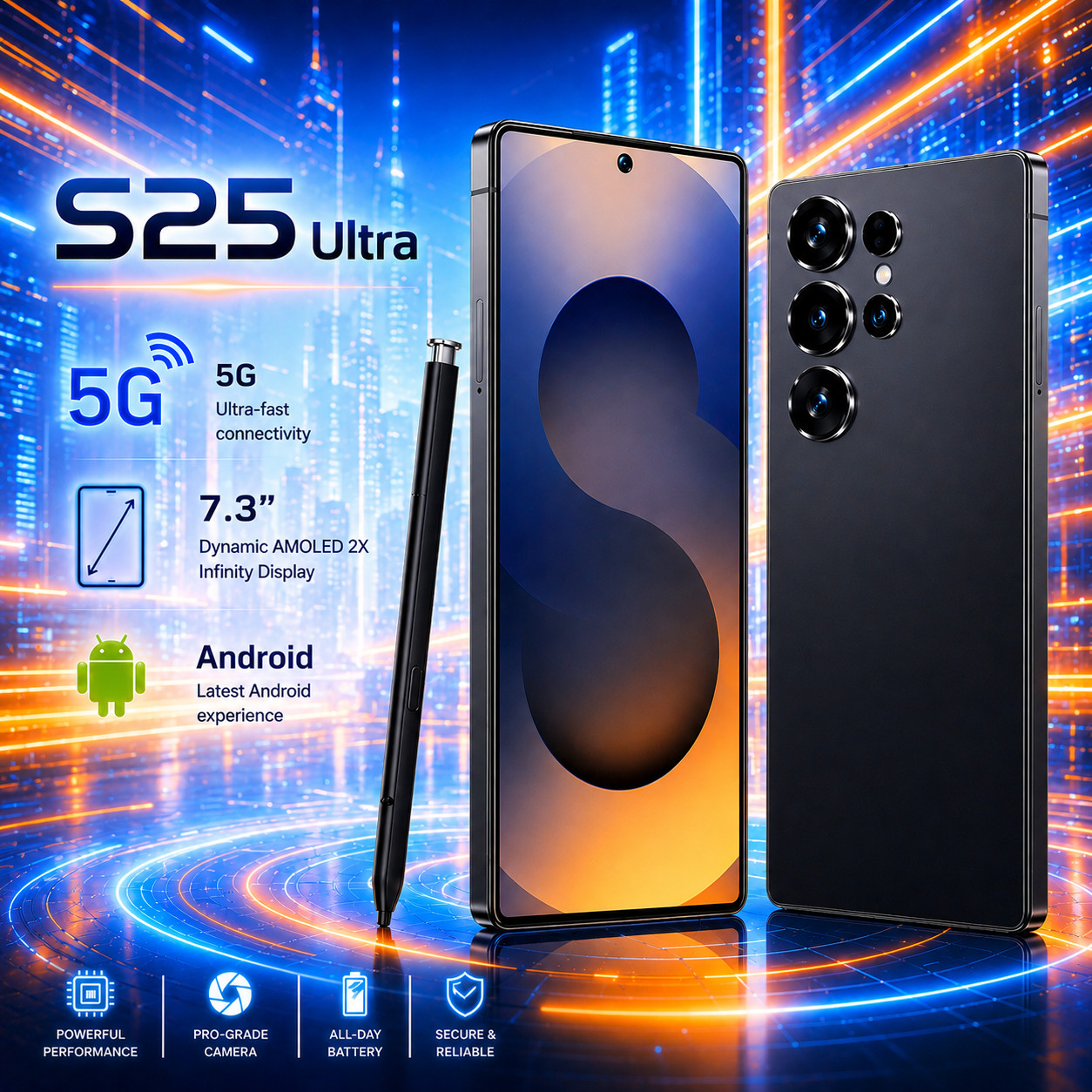 Smartphone Android S25 Ultra 5G Global Unlocked New 7.3" Cellphone Dual SIM