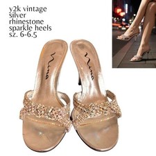 VINTAGE Y2K Nina Silver Rhinestone Crystal Mules - Sz 6 / 6.5 Bling Heels