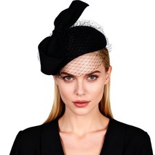 Women's Black Wool Felt Fascinator Hat Church Tea Party Dress Hats With Bow Veil
