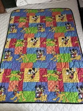 Vintage Disney Mickey Pluto Quilted Crib Baby Blanket Bright Colors 54x40.5 EUC