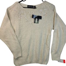 Beaded Silk Angora Sweater Medium Embellished Ivory White Vintage Deadstock