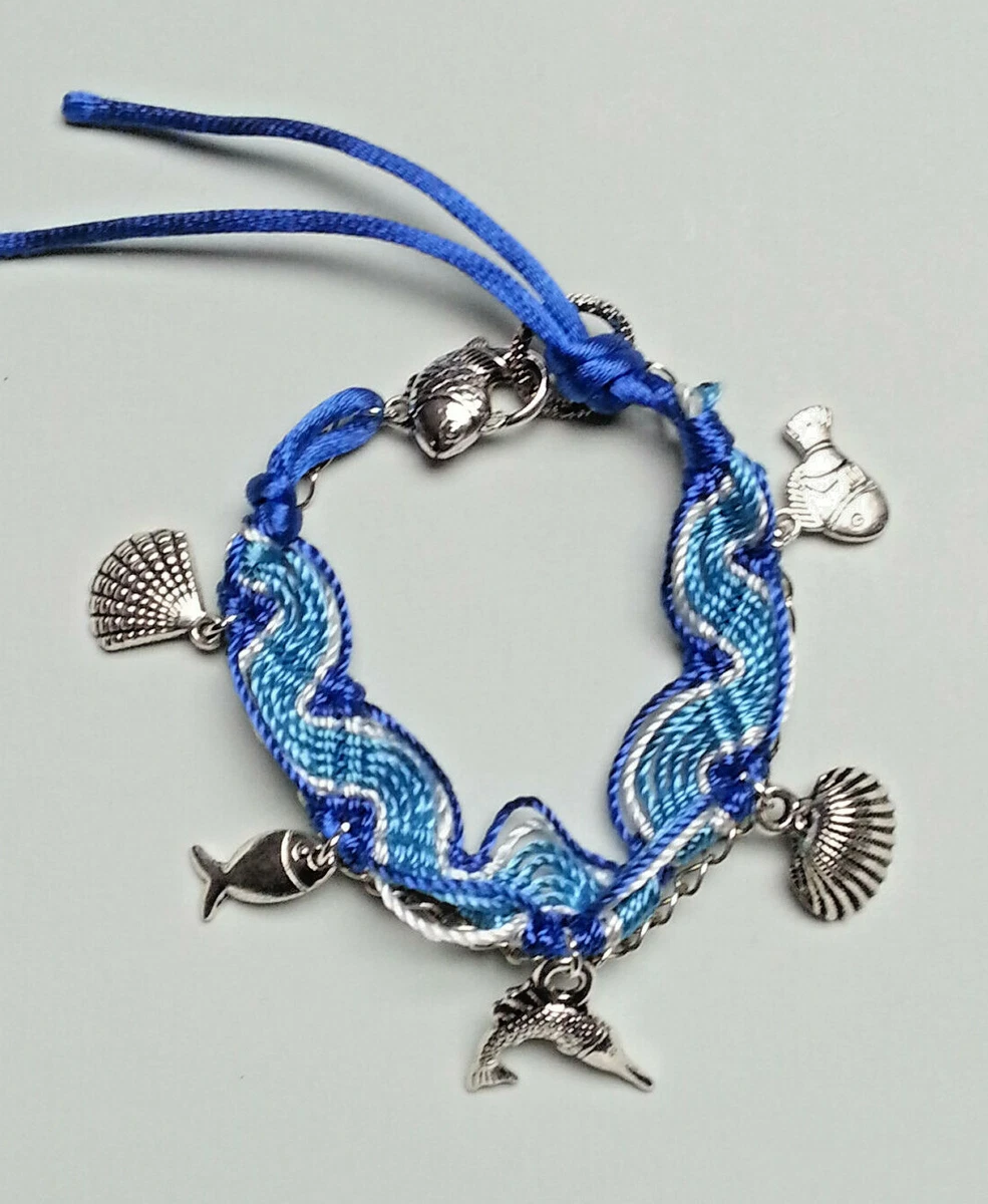 OoaK hand made macrame charm bracelet fish shells seaside ocean